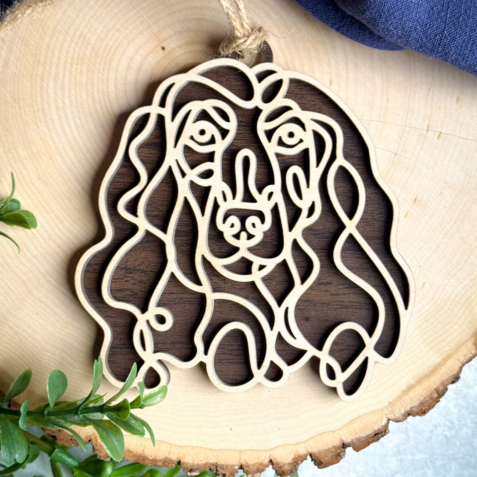 Afghan Hound line art dog ornament laser cut from natural wood