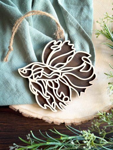 betta fish line art ornament laser cut from natural wood in continuous line style