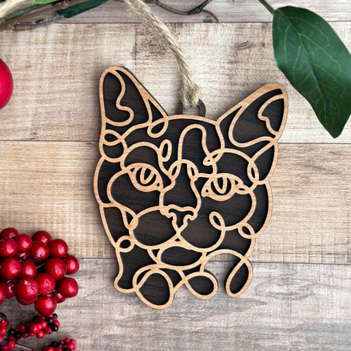 Bombay line art cat ornament laser cut from natural wood, minimalist feline silhouette design