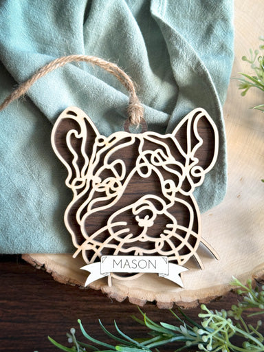 chinchilla line art ornament laser cut from natural wood in continuous line style