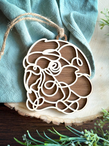 love bird line art ornament laser cut from natural wood in continuous line style