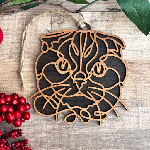 Scottish Fold line art cat ornament laser cut from natural wood, minimalist feline silhouette design