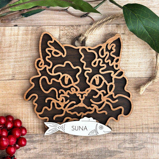 Selkirk Rex line art cat ornament laser cut from natural wood, minimalist feline silhouette design