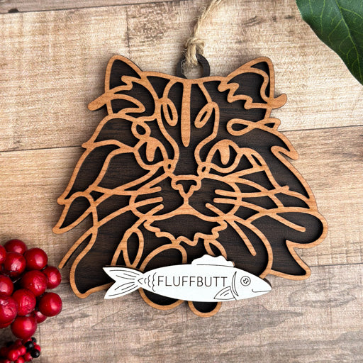 Siberian line art cat ornament laser cut from natural wood, minimalist feline silhouette design