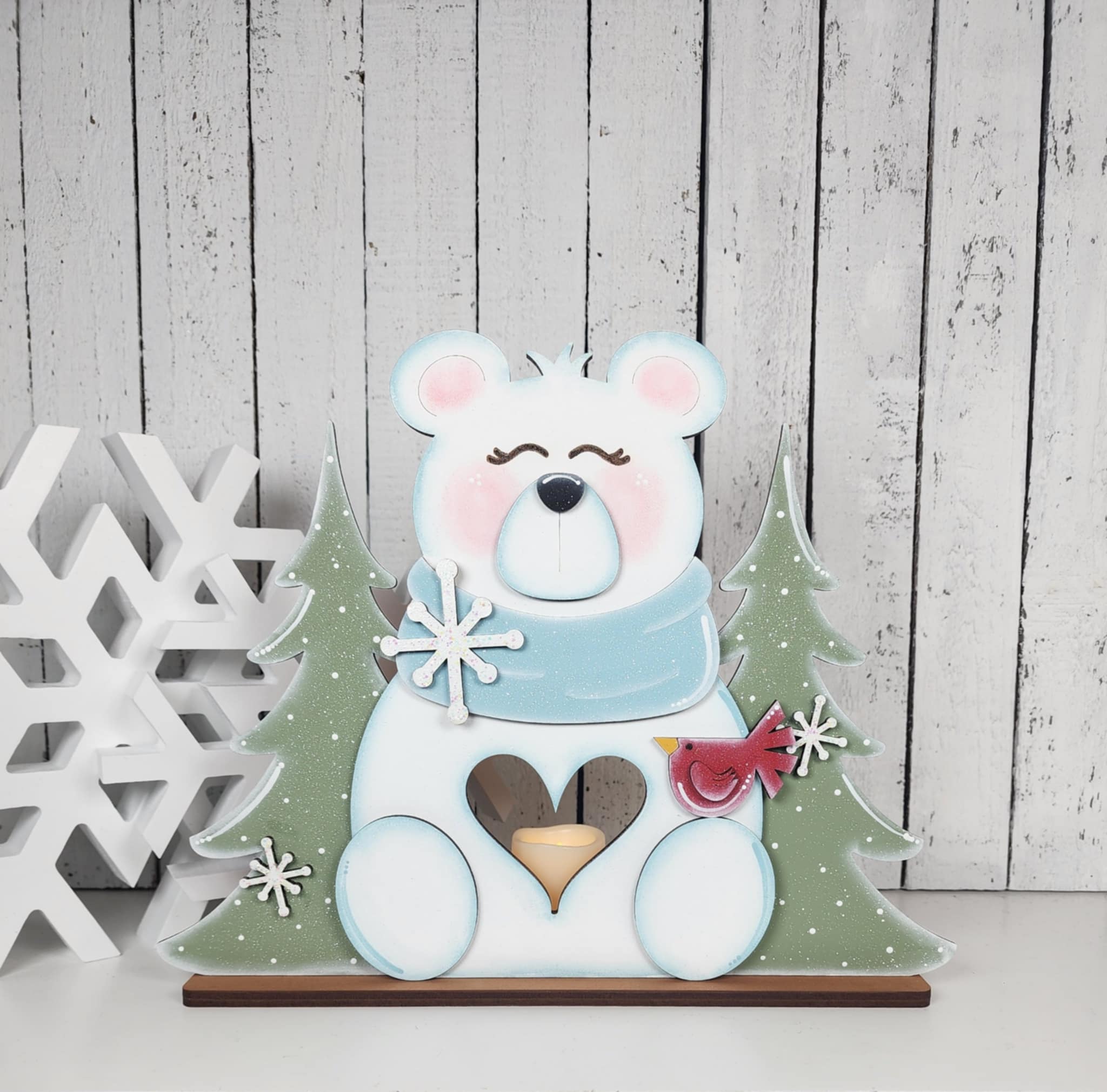 Polar Bear Tea Light Holder DIY Kit — Winter Scene with Cardinal