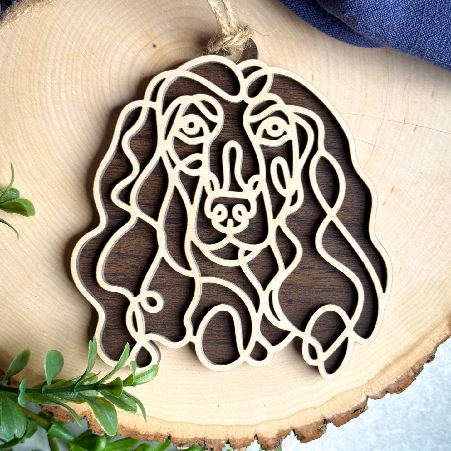 Laser-cut wooden line art Afghan Hound ornament, approx. 4 x 4 inches