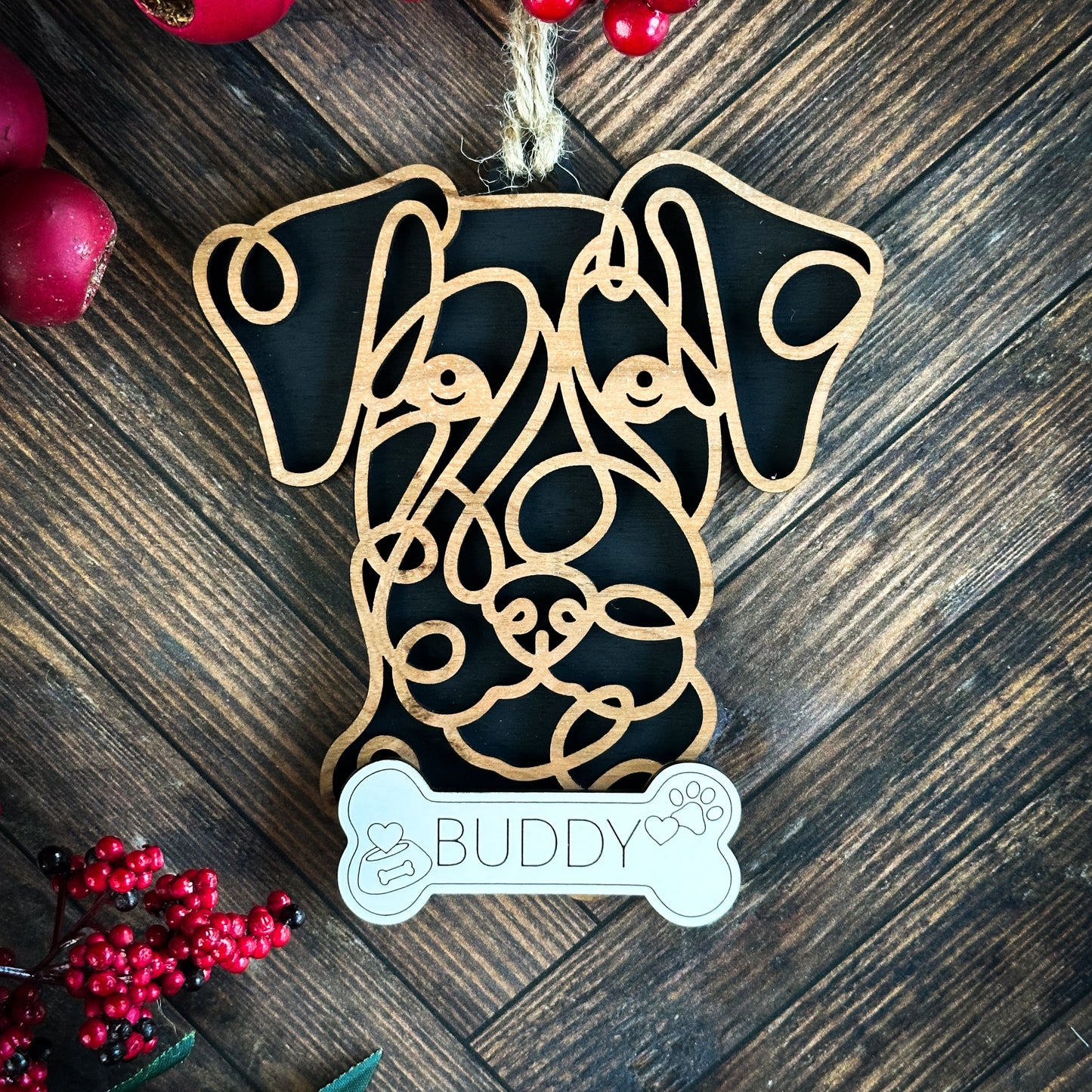 Laser-cut wooden line art Airedale Terrier ornament, approx. 4 x 4 inches