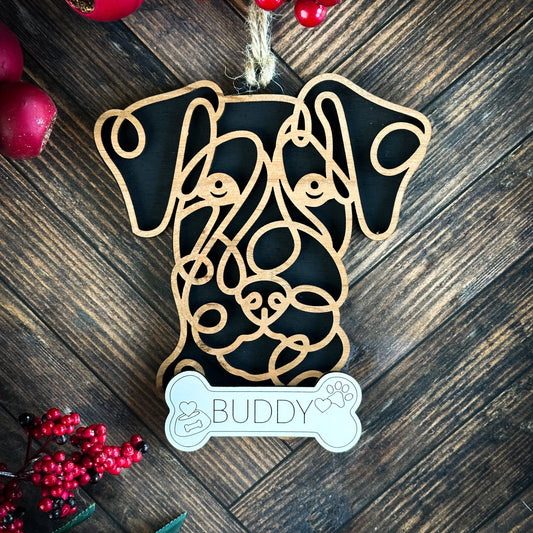 Laser-cut wooden line art Airedale Terrier ornament, approx. 4 x 4 inches