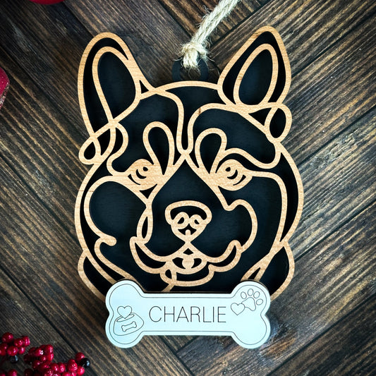 Laser-cut wooden line art Akita ornament, approx. 4 x 4 inches