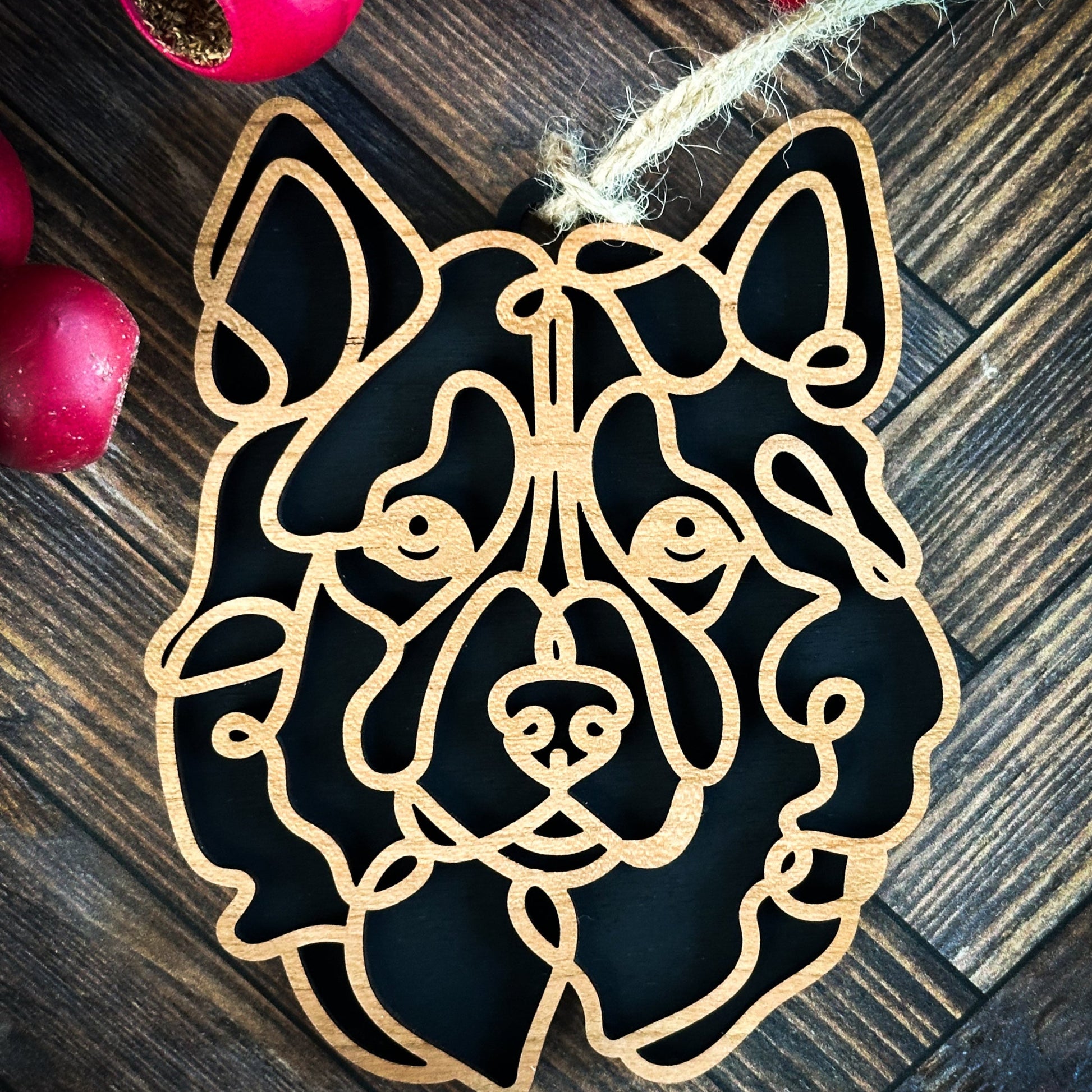 Laser-cut wooden line art Alaskan Malamute ornament, approx. 4 x 4 inches