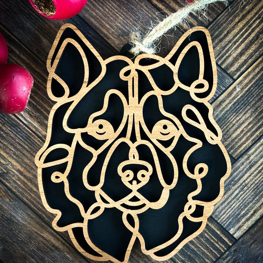 Laser-cut wooden line art Alaskan Malamute ornament, approx. 4 x 4 inches