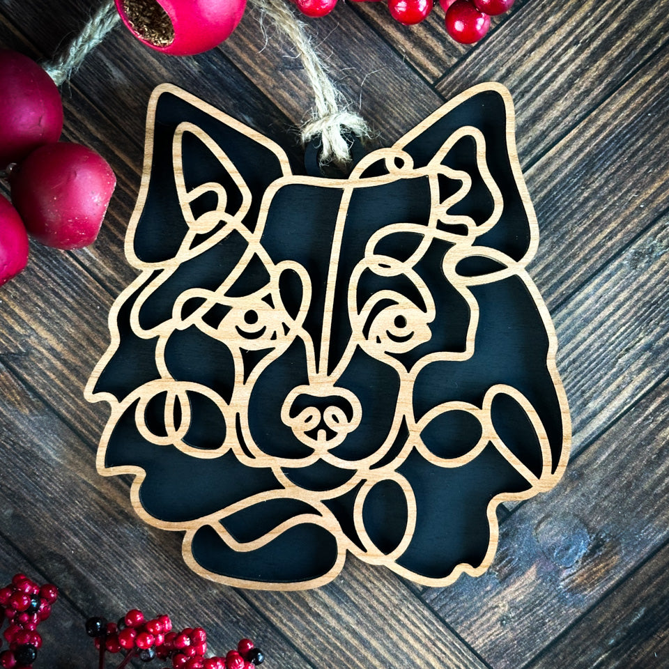 American Eskimo Dog  line art dog ornament laser cut from natural wood