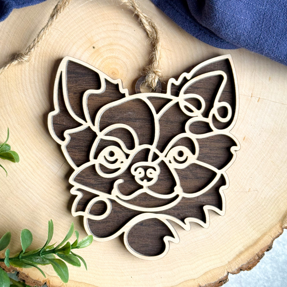 Apple Head Chihuahua  line art dog ornament laser cut from natural wood