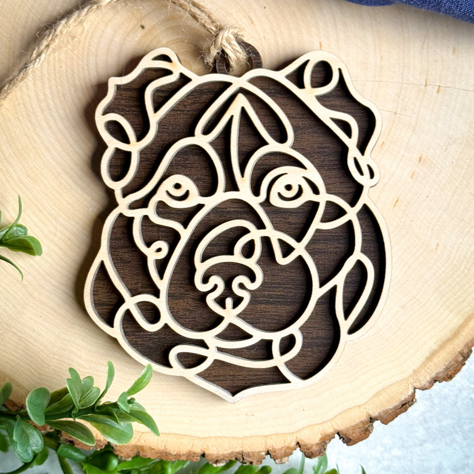 Armenian Gampr  line art dog ornament laser cut from natural wood