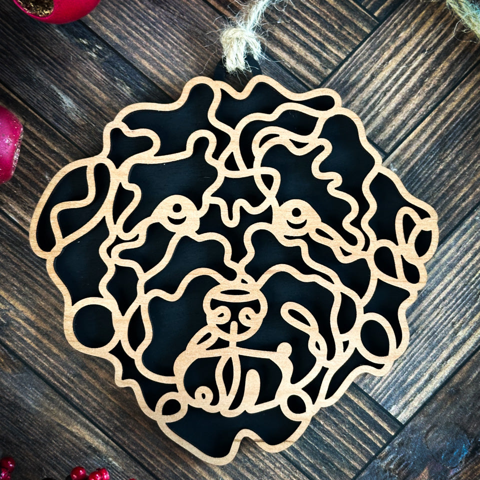 Aussiedoodle  line art dog ornament laser cut from natural wood.