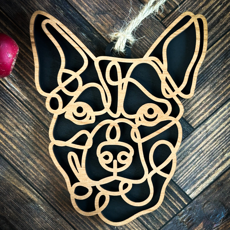 Australian Cattle Dog  line art dog ornament laser cut from natural wood.