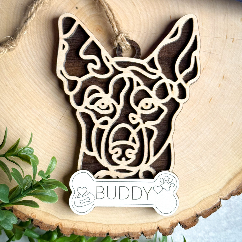 Australian Kelpie  line art dog ornament laser cut from natural wood.