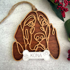Basset Hound version 1 line art dog ornament laser cut from natural wood.