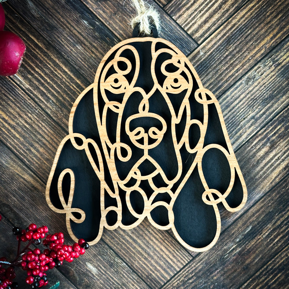 Basset Hound version 2  line art dog ornament laser cut from natural wood.