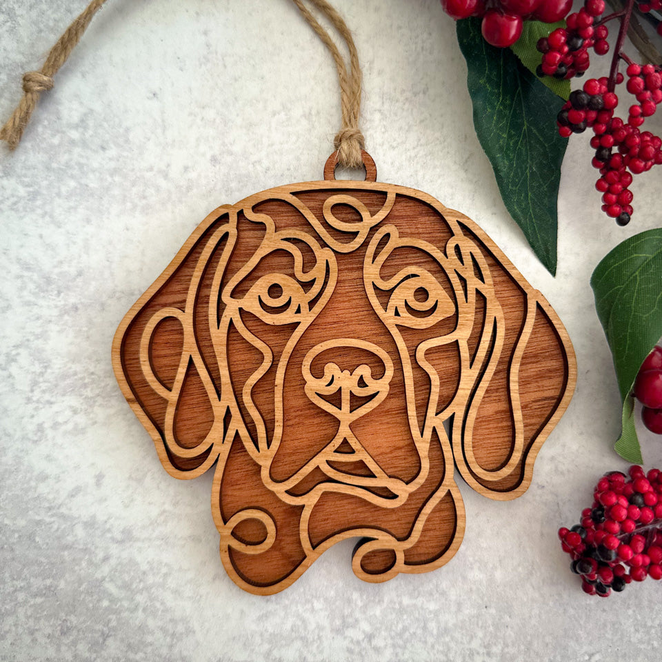Beagle  line art dog ornament laser cut from natural wood.