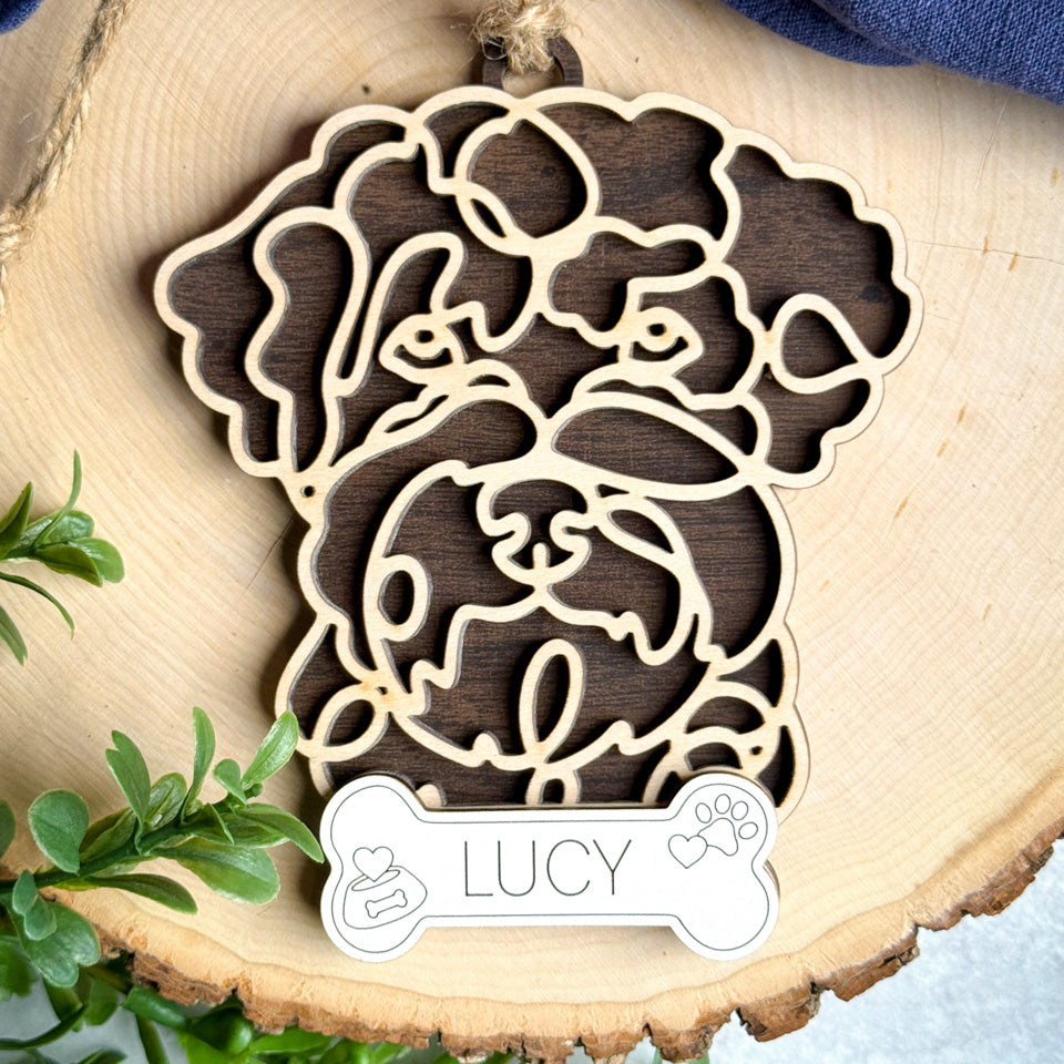 Bedlington Terrier  line art dog ornament laser cut from natural wood.