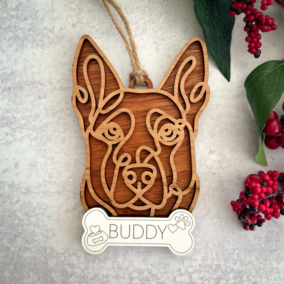 Belgian Malinois  line art dog ornament laser cut from natural wood.
