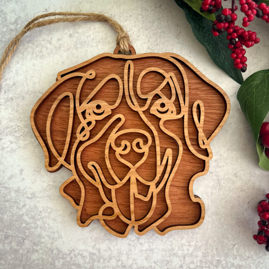 Laser-cut wooden line art Bernese Mt. Dog ornament, approx. 4 x 4 inches