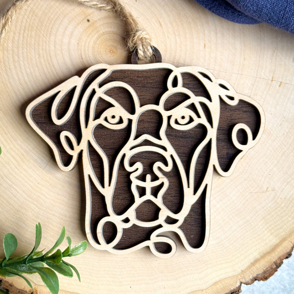 Black Mouth Cur line art dog ornament laser cut from natural wood.