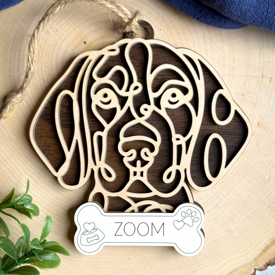 Bluetick Coonhound line art dog ornament laser cut from natural wood.