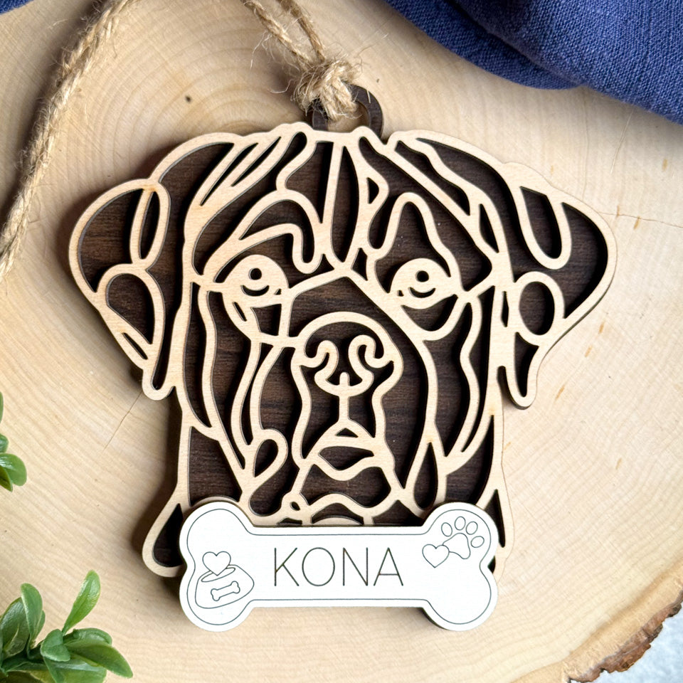 Boerboel line art dog ornament laser cut from natural wood.