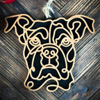 Boxer line art dog ornament laser cut from natural wood.
