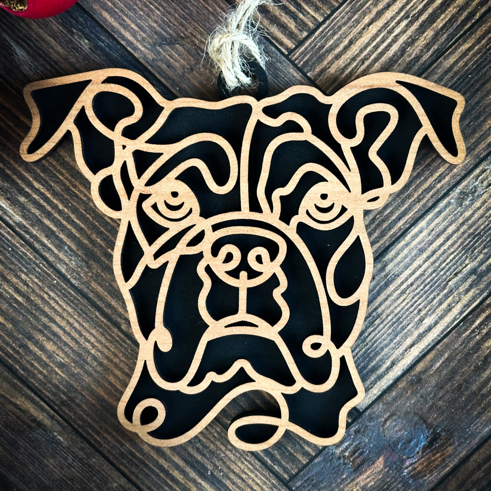 Boxer line art dog ornament laser cut from natural wood.