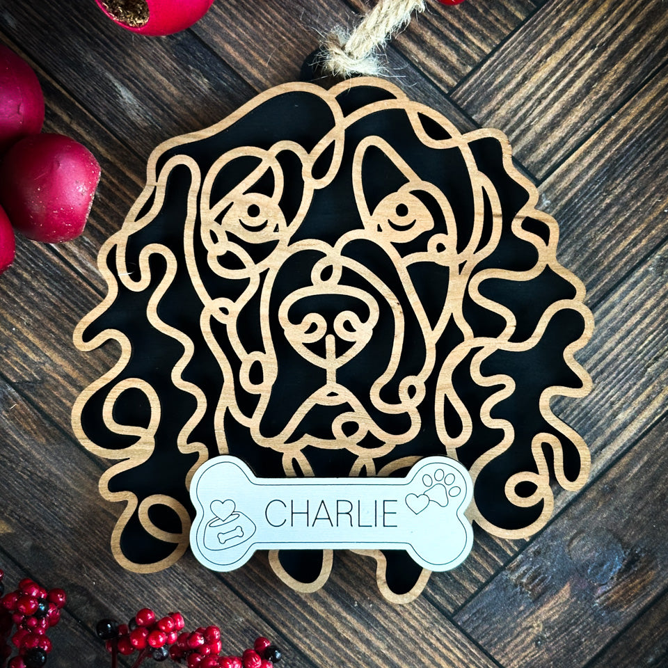 Boykin Spaniel line art dog ornament laser cut from natural wood.