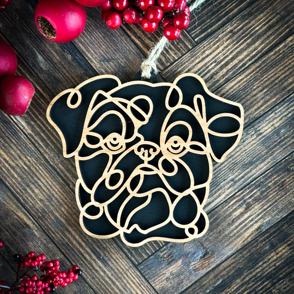 Brussels Griffon line art dog ornament laser cut from natural wood.