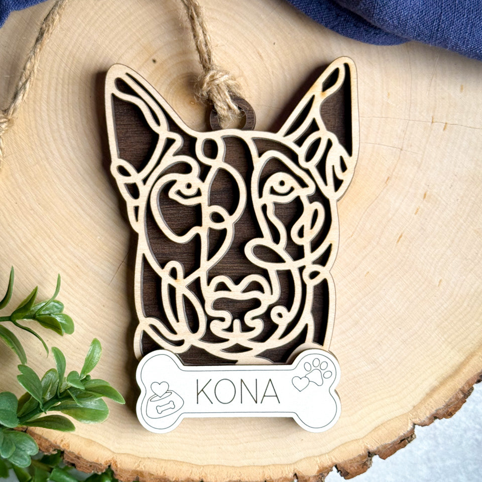 Bull Terrier line art dog ornament laser cut from natural wood.