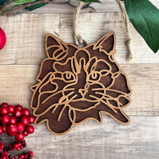 Calico - Long Hair line art cat ornament laser cut from natural wood, minimalist feline silhouette design