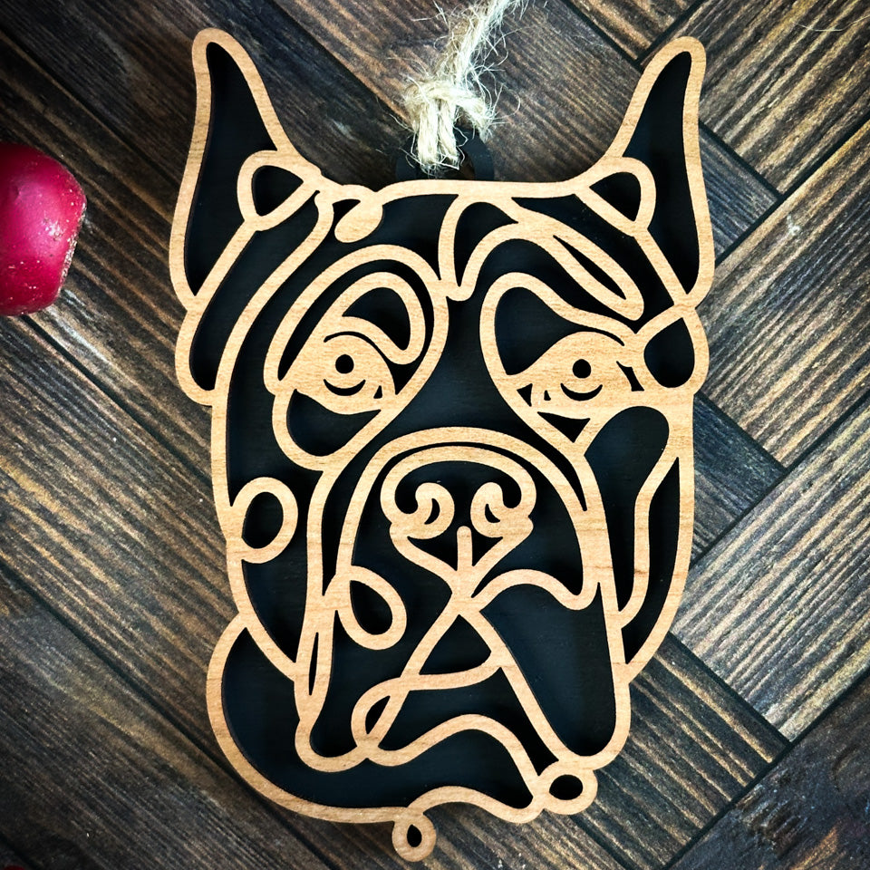 Cane Corso Cropped line art dog ornament laser cut from natural wood.