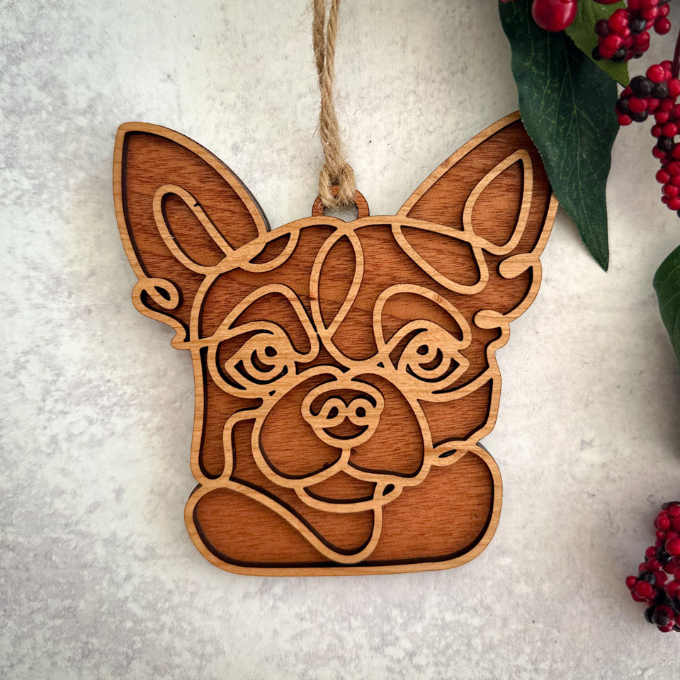 Chihuahua  line art dog ornament laser cut from natural wood