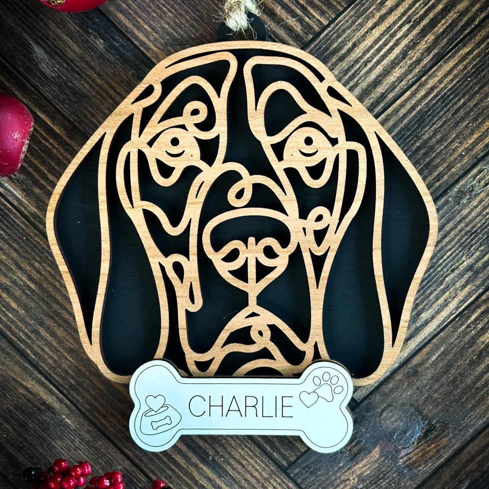 Coonhound line art dog ornament laser cut from natural wood.