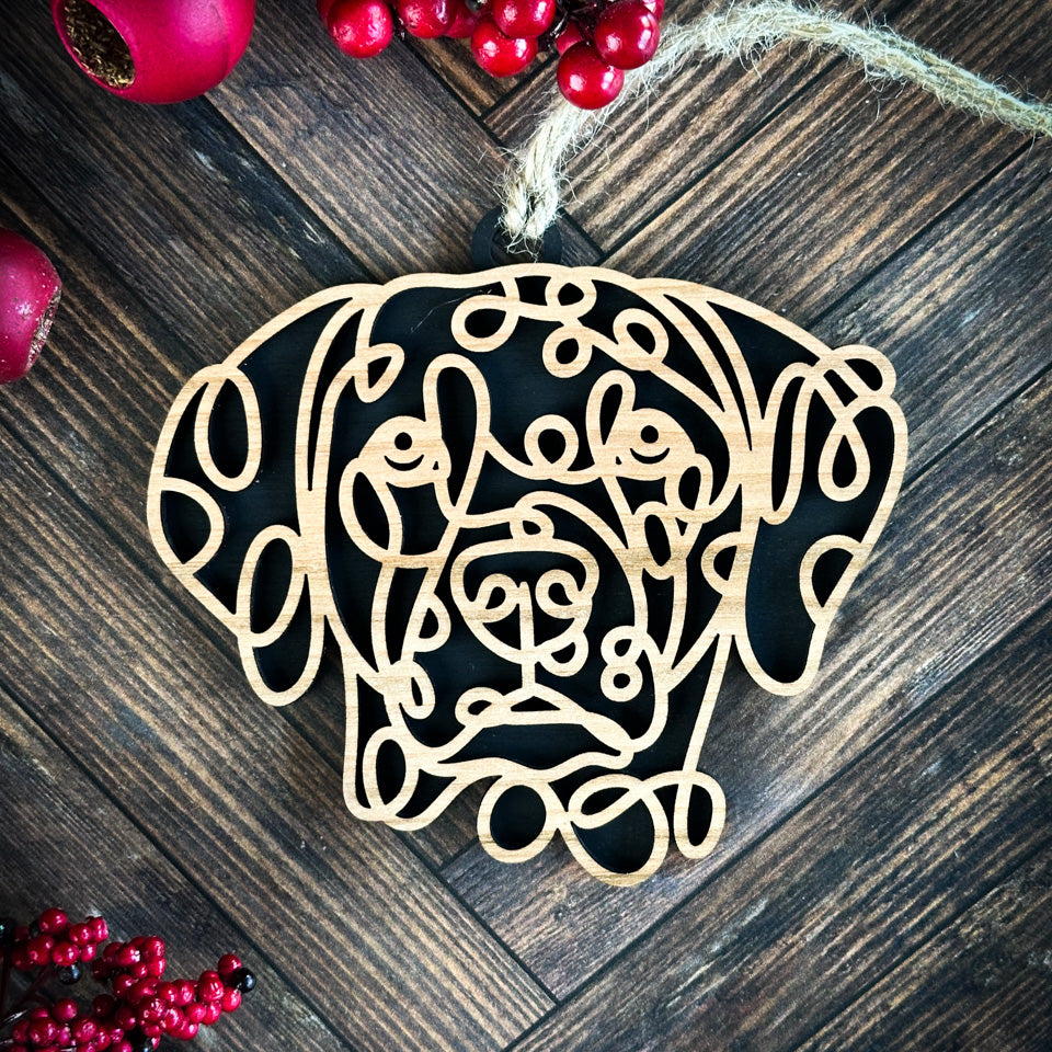 Dalmation line art dog ornament laser cut from natural wood.
