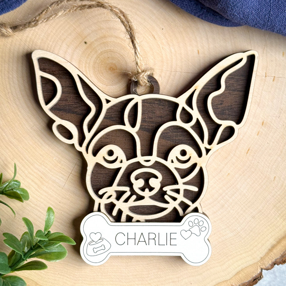 Deer Head Chihuahua line art dog ornament laser cut from natural wood