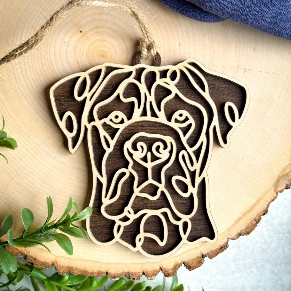 Dogo Argentino line art dog ornament laser cut from natural wood.