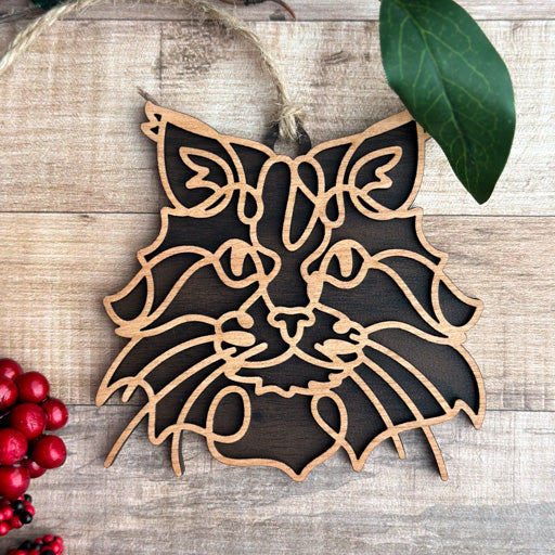 Domestic - Long Hair line art cat ornament laser cut from natural wood, minimalist feline silhouette design