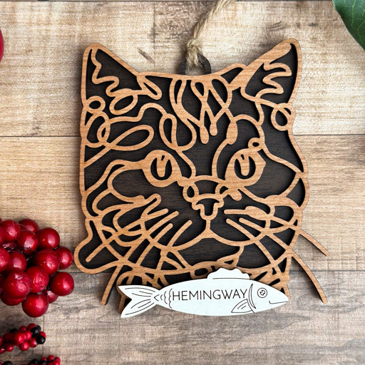 Domestic - Short Hair line art cat ornament laser cut from natural wood, minimalist feline silhouette design