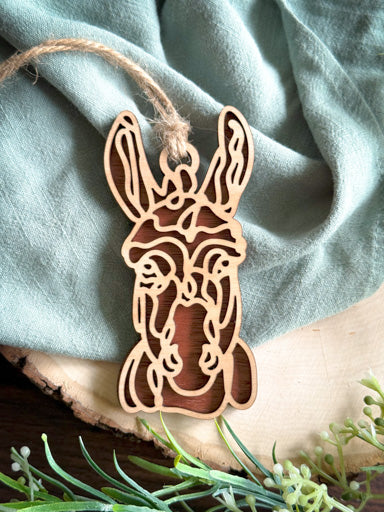 donkey line art ornament laser cut from natural wood in continuous line style