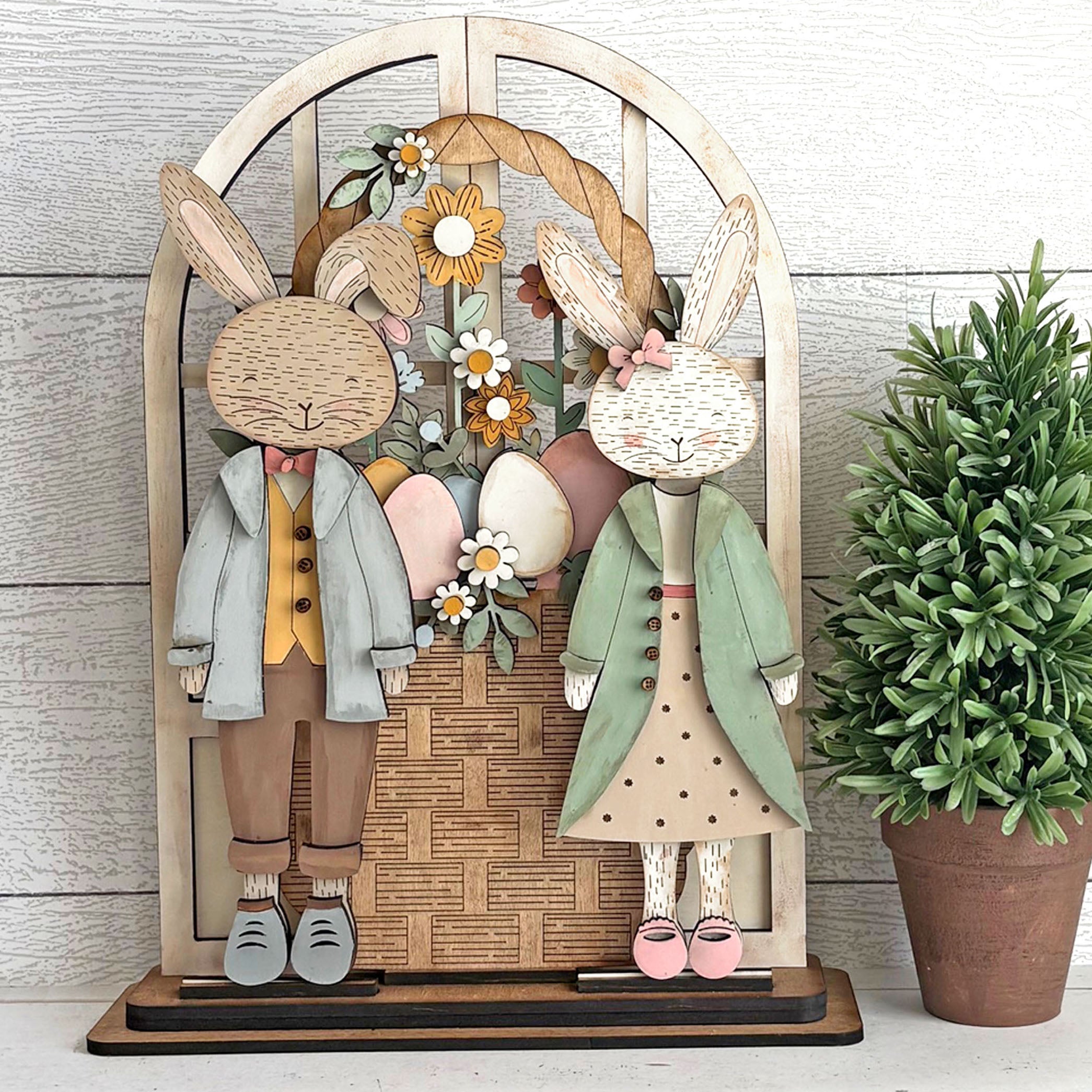  DIY layered wood interchangeable arched doorway insert with Easter Bunny and basket