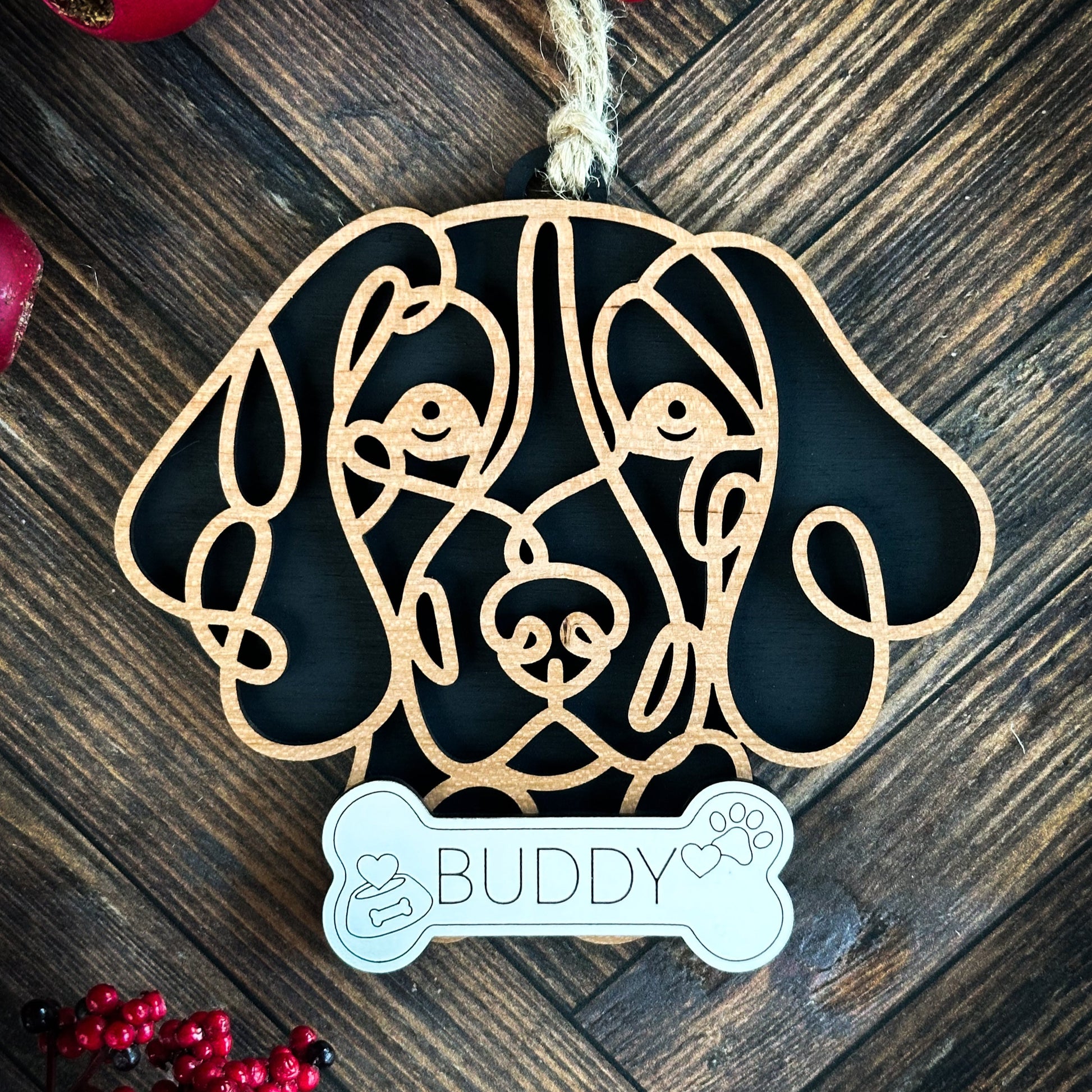 Laser-cut wooden line art Foxhound ornament, approx. 4 x 4 inches, customizable with pet’s name.