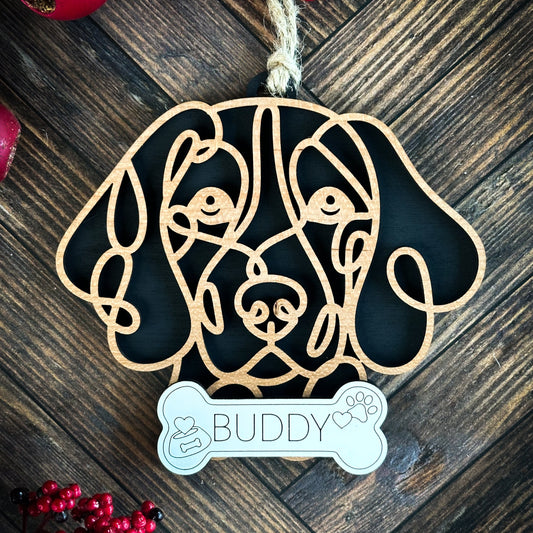 Laser-cut wooden line art Foxhound ornament, approx. 4 x 4 inches, customizable with pet’s name.