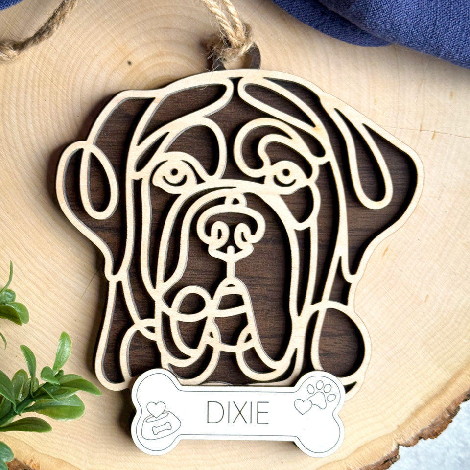 English Mastiff line art dog ornament laser cut from natural wood.