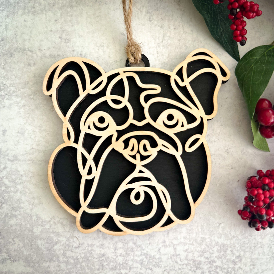English Bulldog line art dog ornament laser cut from natural wood.